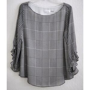 Top/Blouse-Calvin Klein-Black White Houndstooth-Lined-Ruffled Sleeves-Size LRG